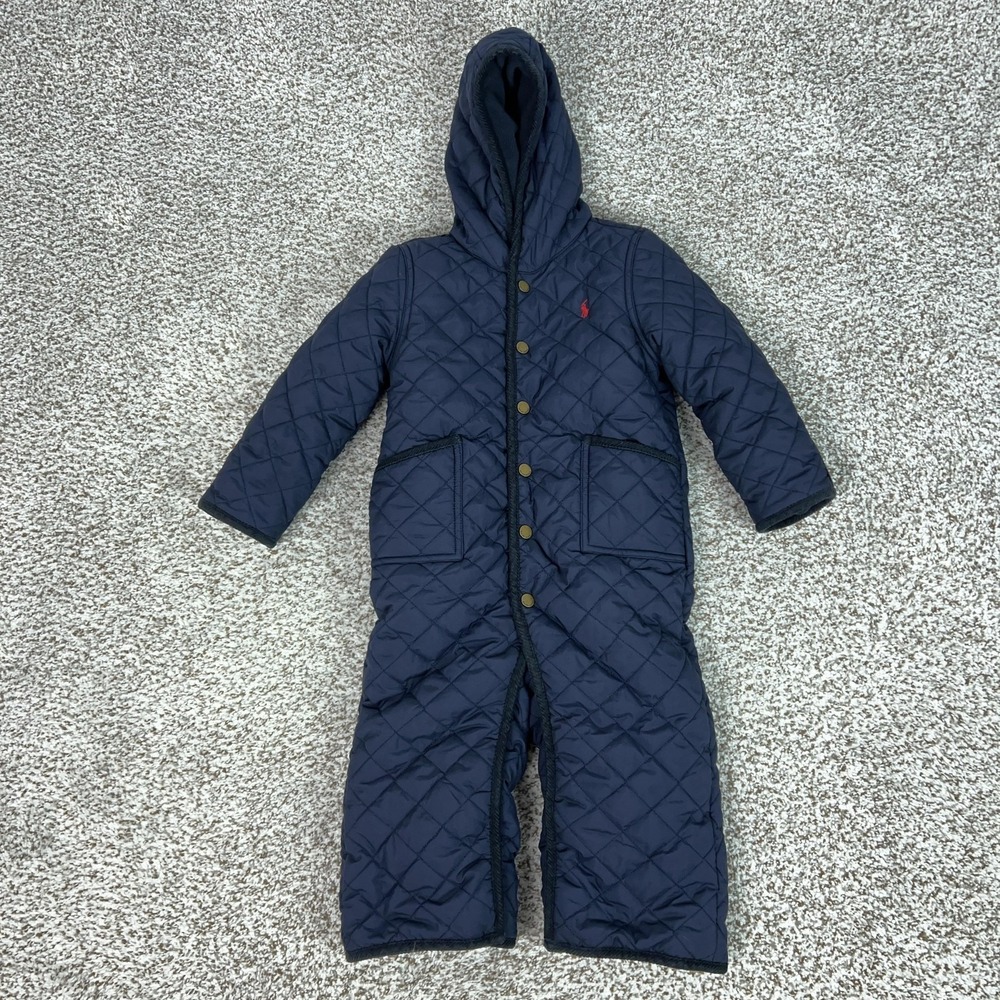 Ralph Lauren Snowsuit Boys 24M Blue Quilted Hooded One Piece Winter Bunting Pony